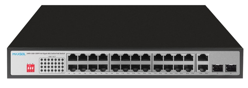 Switch PoE Gigabit Maxsol PS12402FG de 24 puertos PoE con puertos RJ45 y SFP