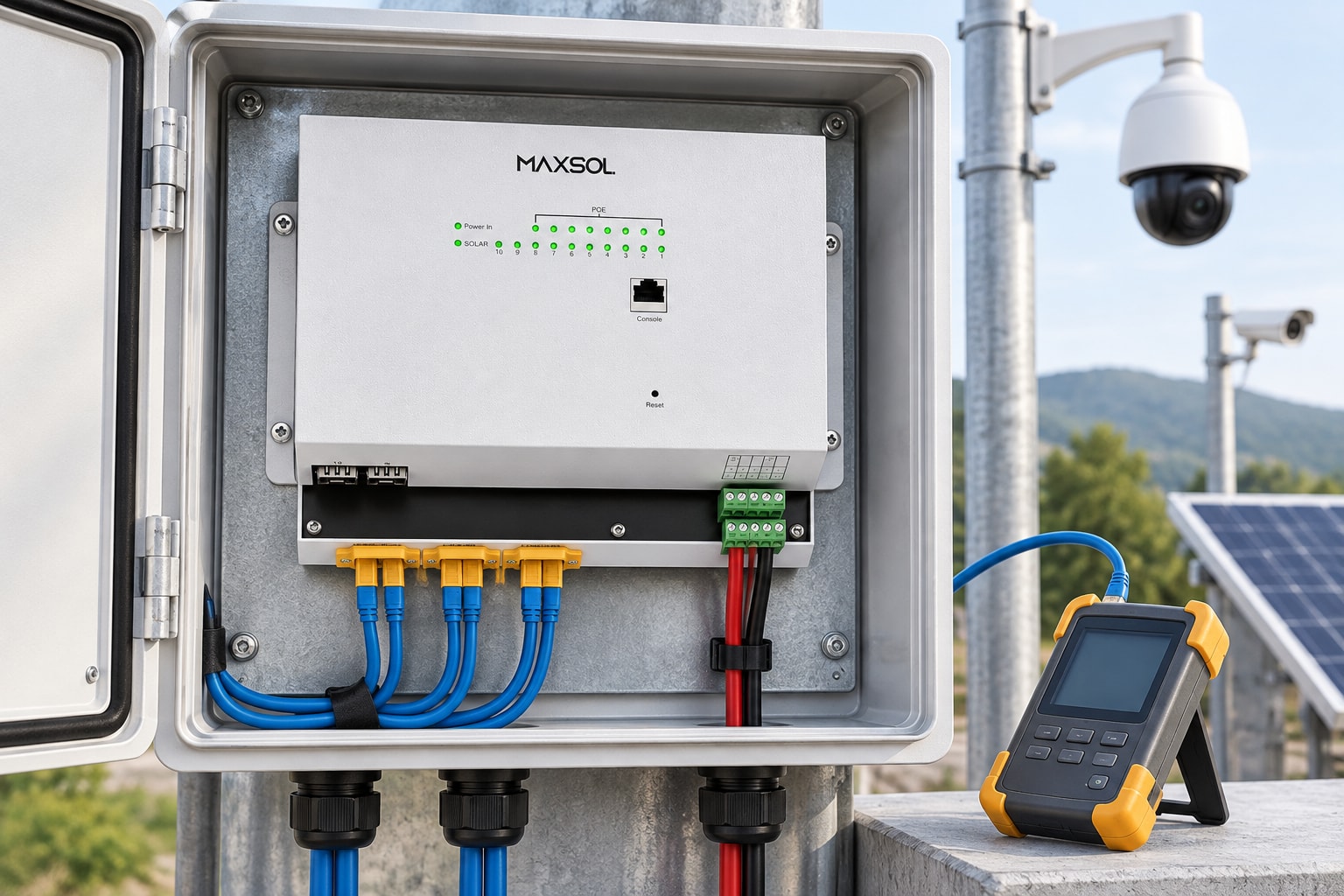 Switch PoE industrial solar IOT2802SFG-S con sus conectores frontales visibles