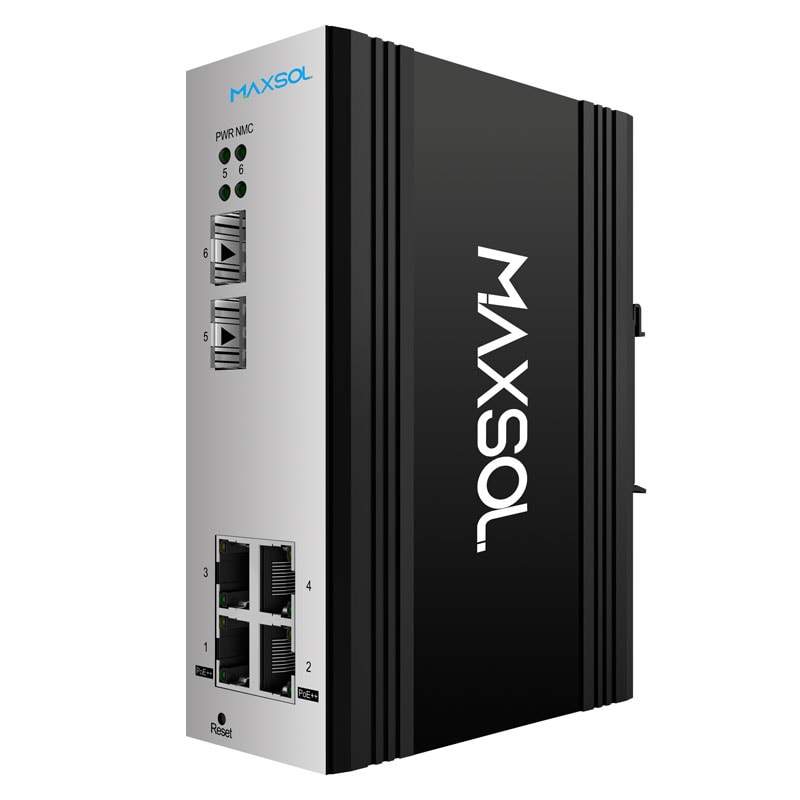 Switch industrial Maxsol con cuatro puertos Gigabit PoE y dos puertos SFP