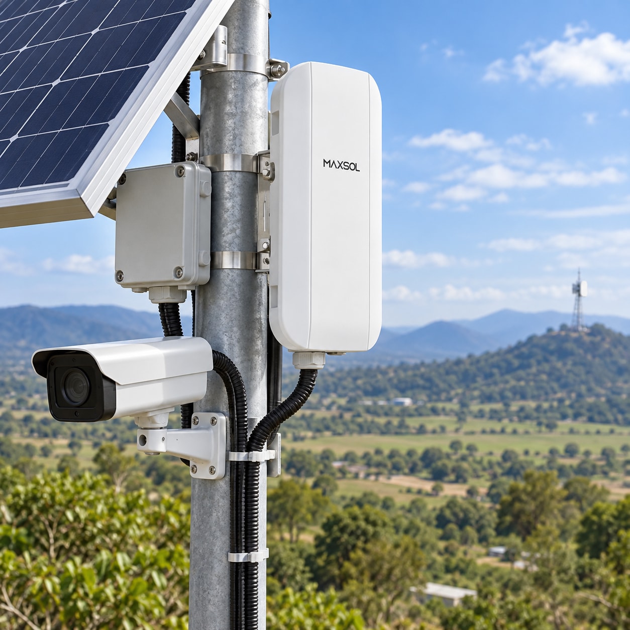 Vista del CPE inalámbrico direccional Maxsol CPE295 para enlaces de red en instalaciones exteriores
