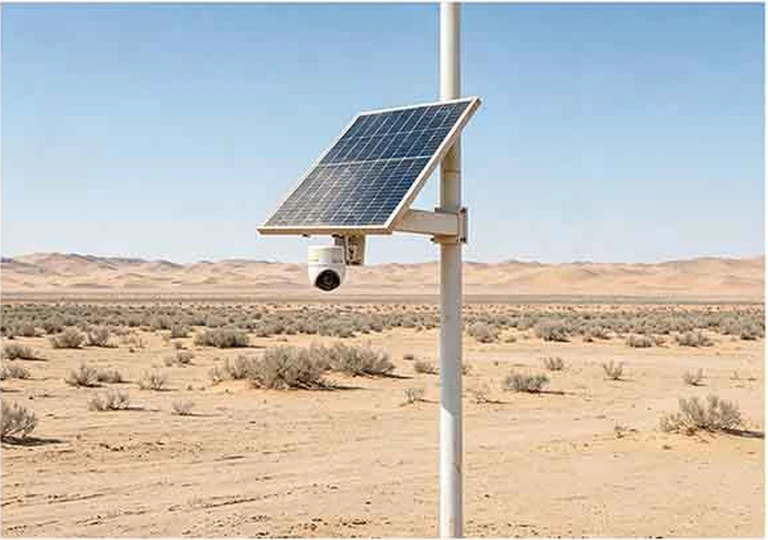 Sistema solar de videovigilancia instalado en un entorno desértico